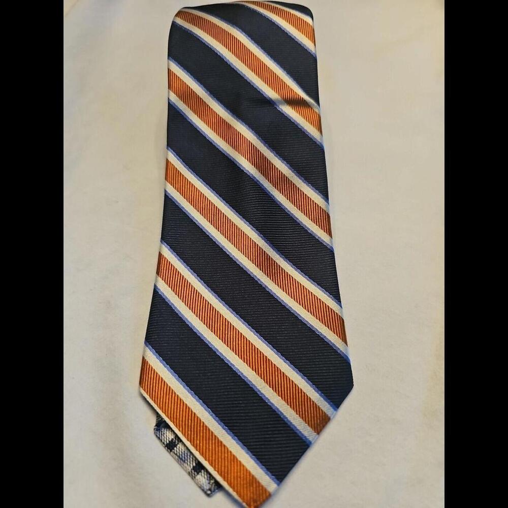 Roundtree & Yorke Tie 100% Silk Men’s Narrow Tie Blue Orange Stripe 59.5 X 2.75